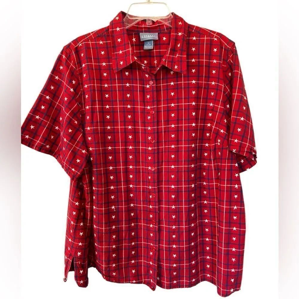 Liz & Me Patriotic Red, Blue Stripes White Stars 100% Cotton button down shirt